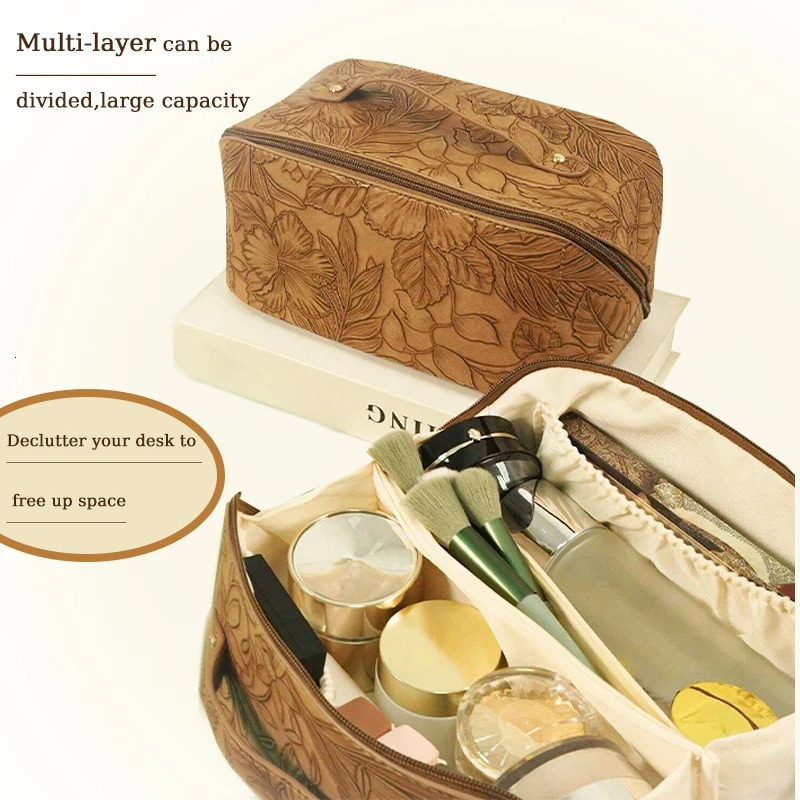 Multifunctional Pu Leather Cosmetic Bag With 3D Pressed For WomenS Outdoor Travel Makeup Bag Skincare Bag Gifts Makeup Bag250114