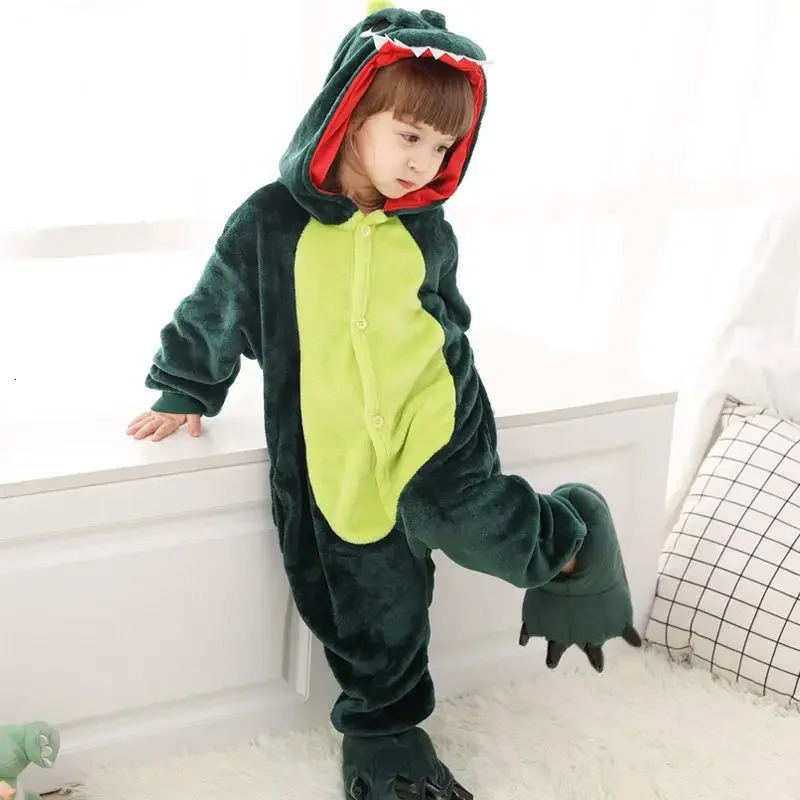 Kids Onesies Boys Girls Green Dinosaur Pajamas Flannel Sleepwear Nightwear Animal Cosplay Costume Halloween Party Funny Outfits 250114