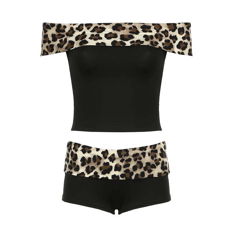 CIBBAR Harajuku Leopard Print Shorts Two Piece Sets Women Casual Slash Neck Crop Top and Patchwork Low Rise Suits Vintage 250108