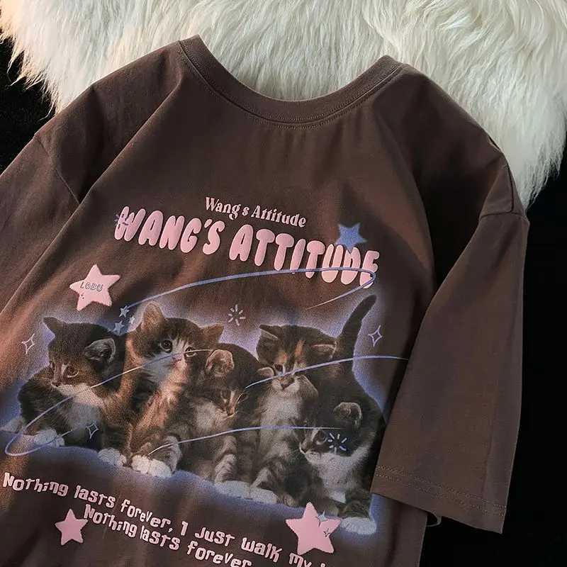 Summer trend men and women retro personality kitten print graphic T-shirt couple street loose hip-hop casual short sleeves y2k W250117