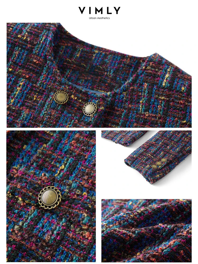 VIMLY Cropped Tweed Jacket for Women Spring Elegant Contrast Plaid Double Breasted Short Woolen Coat Female Outerwear 16106 250122