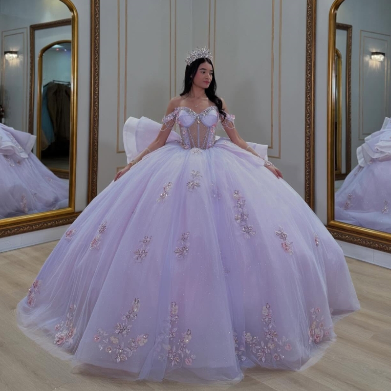 Light Lavender Quinceanera Dresses Ball Gown Off The Shoulder Applique Lace Beading Crystal Tull Party Birthday Sweet 16 Dress Vestidos