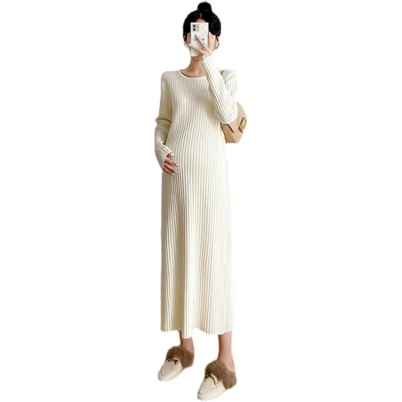 Autumn Winter Korean Fashion Knitted Maternity Sweaters Dress Elegant A Line Slim Clothes for Pregnant Women Pregnancy 250116