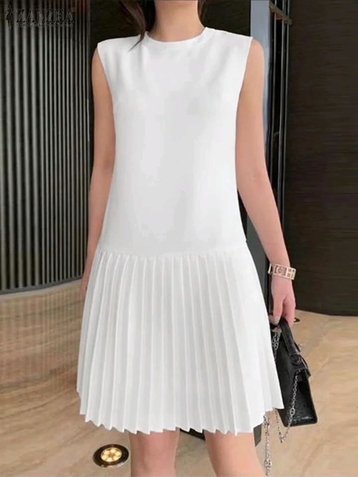 ZANZEA Summer Women Sleeveless Mini Dress Sweety Solid Pleated Short Dresses 2024 Party Elegant Sundress Casual Holiday Vestidos 250107