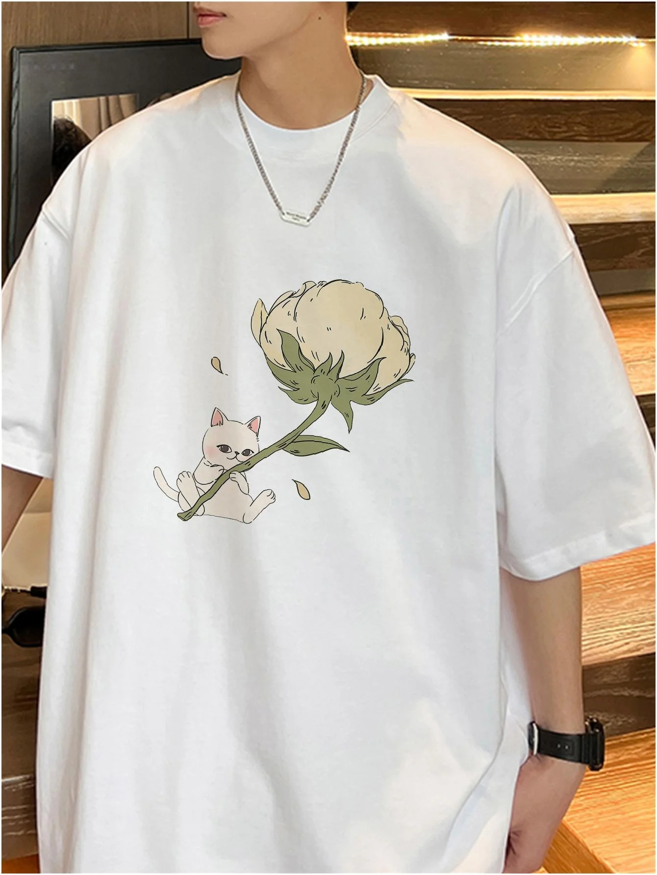 Harajuku Men Casual Loose Tshirts Flower Cat Graphic Unisex Kawaii Tops Short Sleeve Summer Male Tees 100 Cotton Y2k 250122