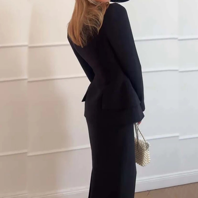 Elegant Square Collar Long Sleeve Blazer Long Skirts Suit Women Chic Double Breasted Jacket Work Outfit Solid 2Pcs Suit 250122