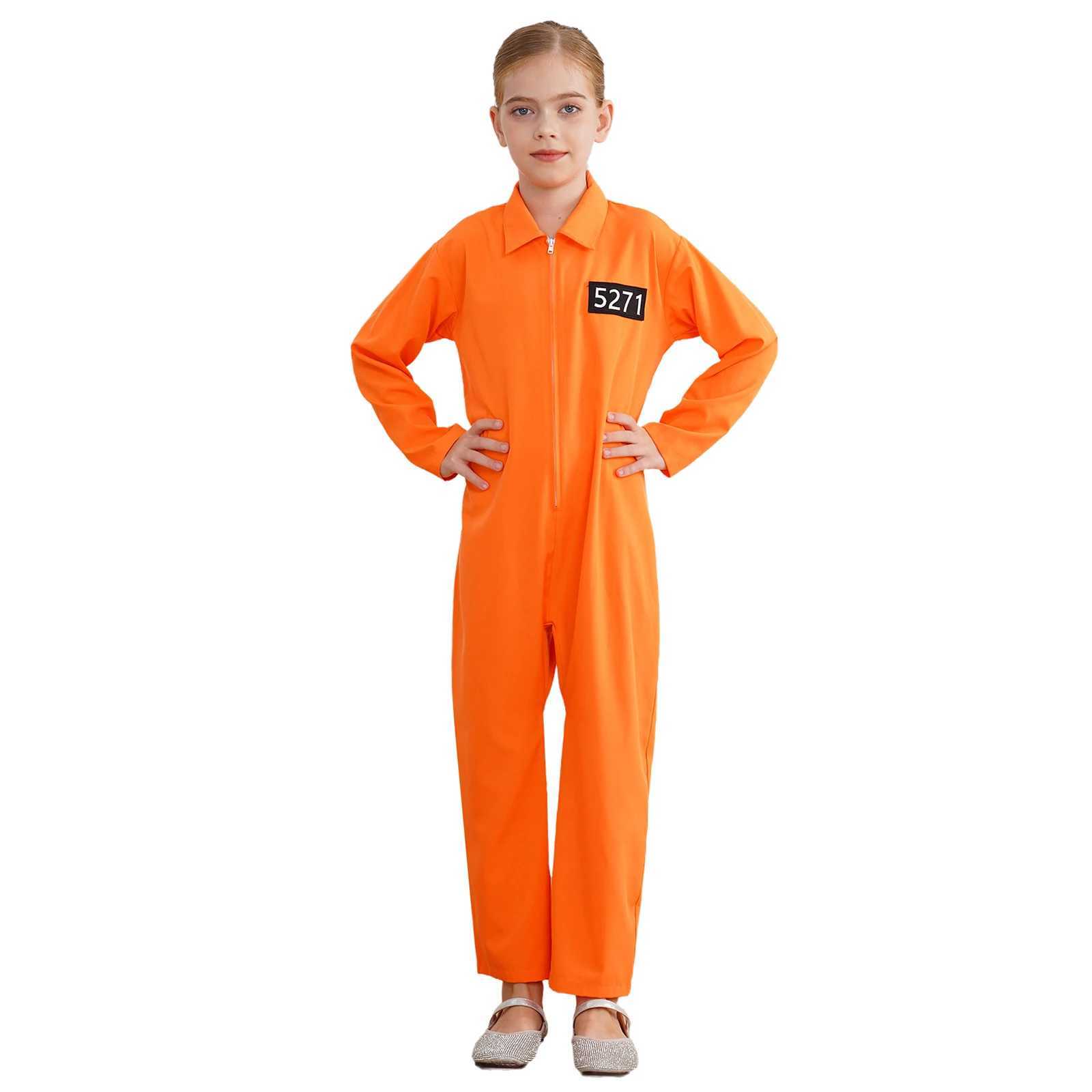 Girls Orange Prisoner Costume Long Sleeve Prisoner Jumpsuit Jailbird Inmate Prison Uniform Theme Party Halloween Cosplay Costume W250117