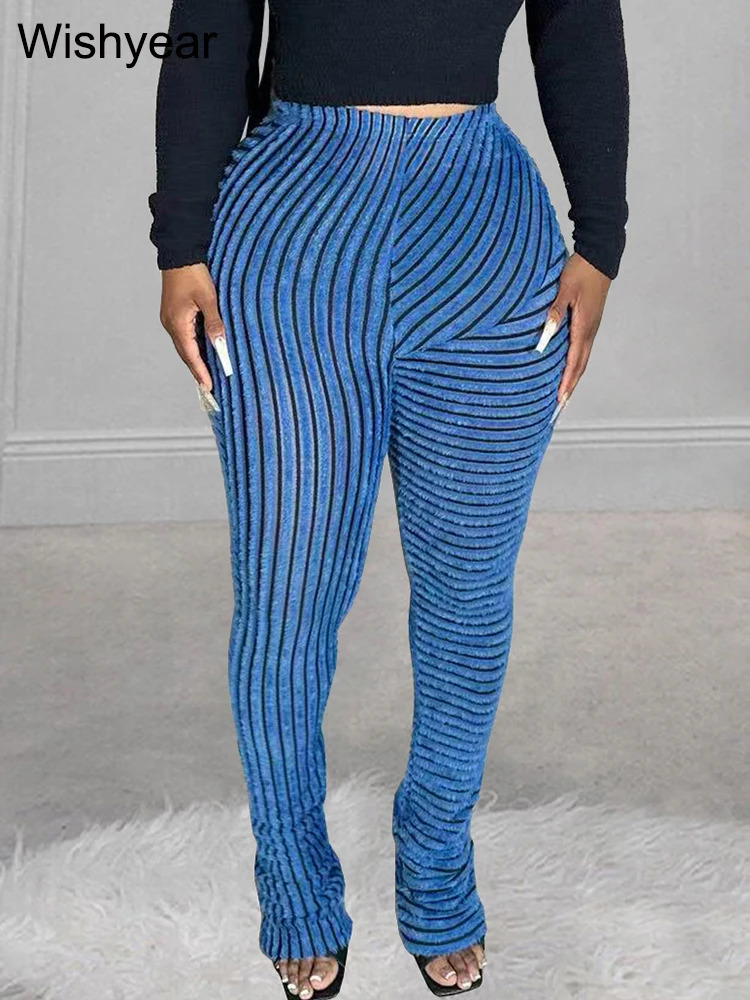 Fashion Blue Stripe Plush Stacked Pants Women Sale High Strecth Slim Sports Flare Trousers Fall Y2K Female Streetwear Sweatpants 250122