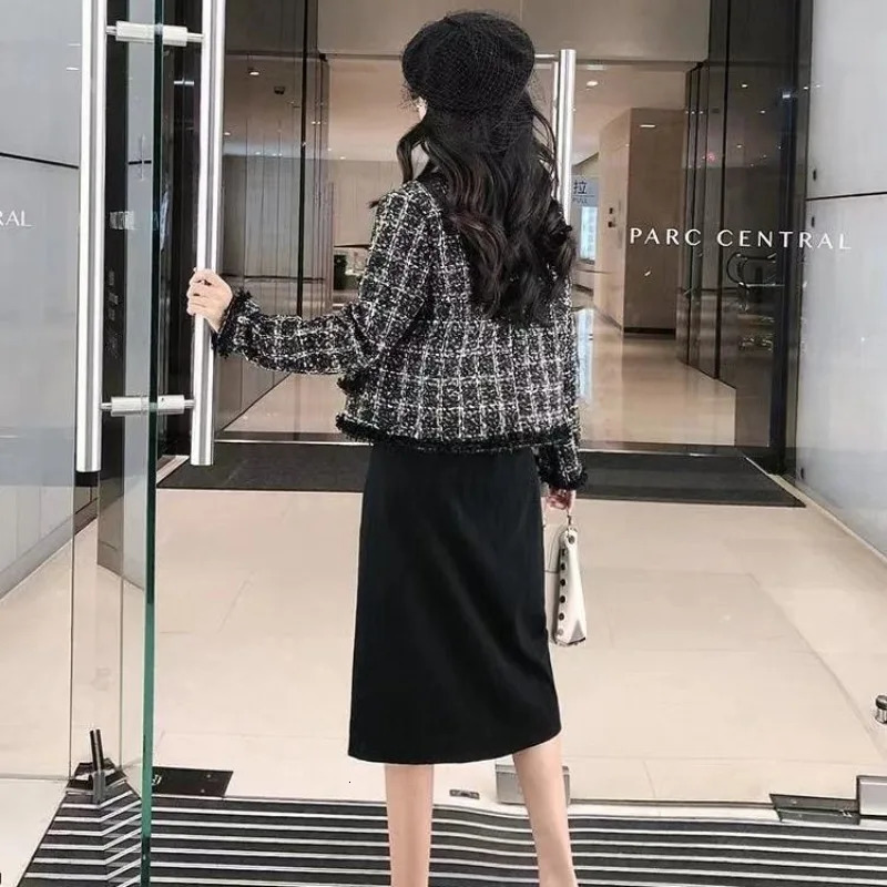 y Tweed Jacket Women Coat Long Sleeve Blazer Crop Short Tops Plaid Pockets Office Ladies Clothing 250122