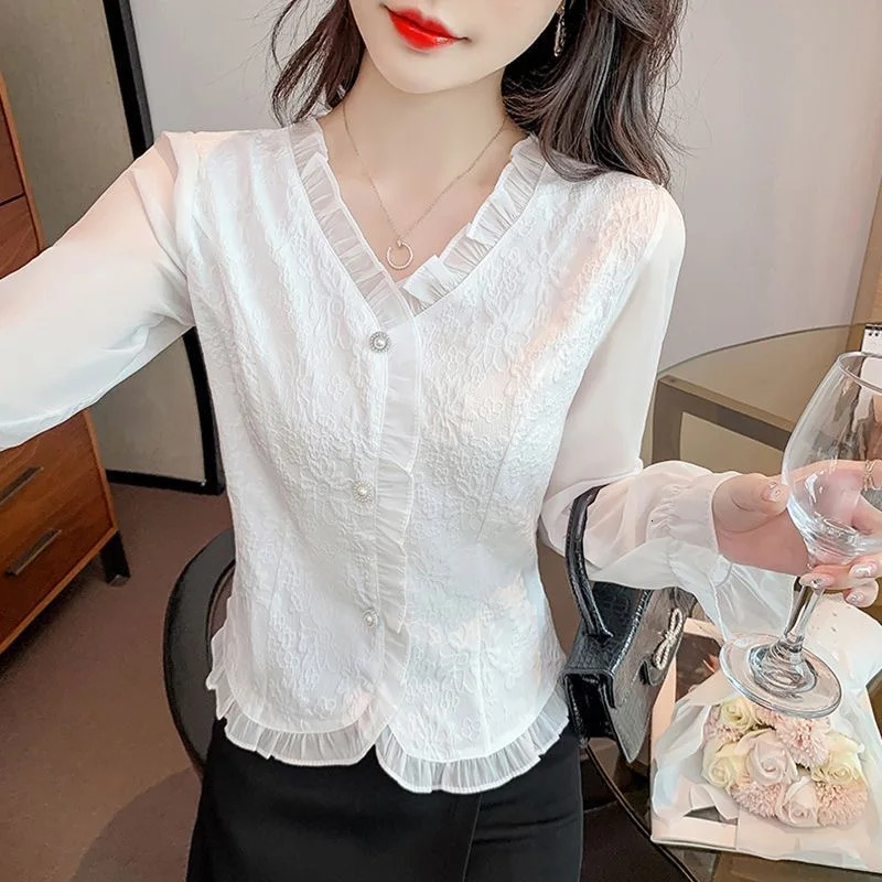 Women Spring Autumn Style Chiffon Blouses Shirts Lady Casual Long Flare Sleeve VNeck Blusas Tops ZZ1553 250121