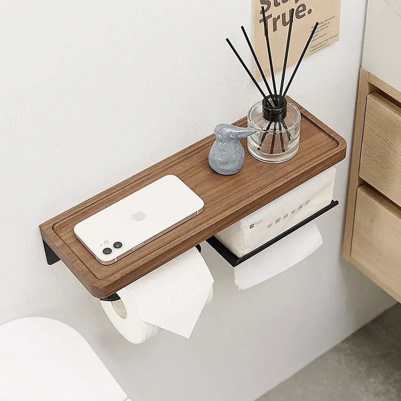Toilet Paper Holder with Black Walnut Shelf for BathroomWall Mounted Toilet Paper Tissue Holder Double Roll BlackPhone Rack Wc 250115