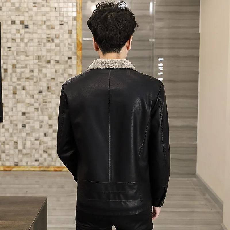 Fur Collar PU Leather Jacket Men Winter Leather Jacket Solid Color Thick Coat Male Thermal Fleece Casual Stand Collar Clothing 250120