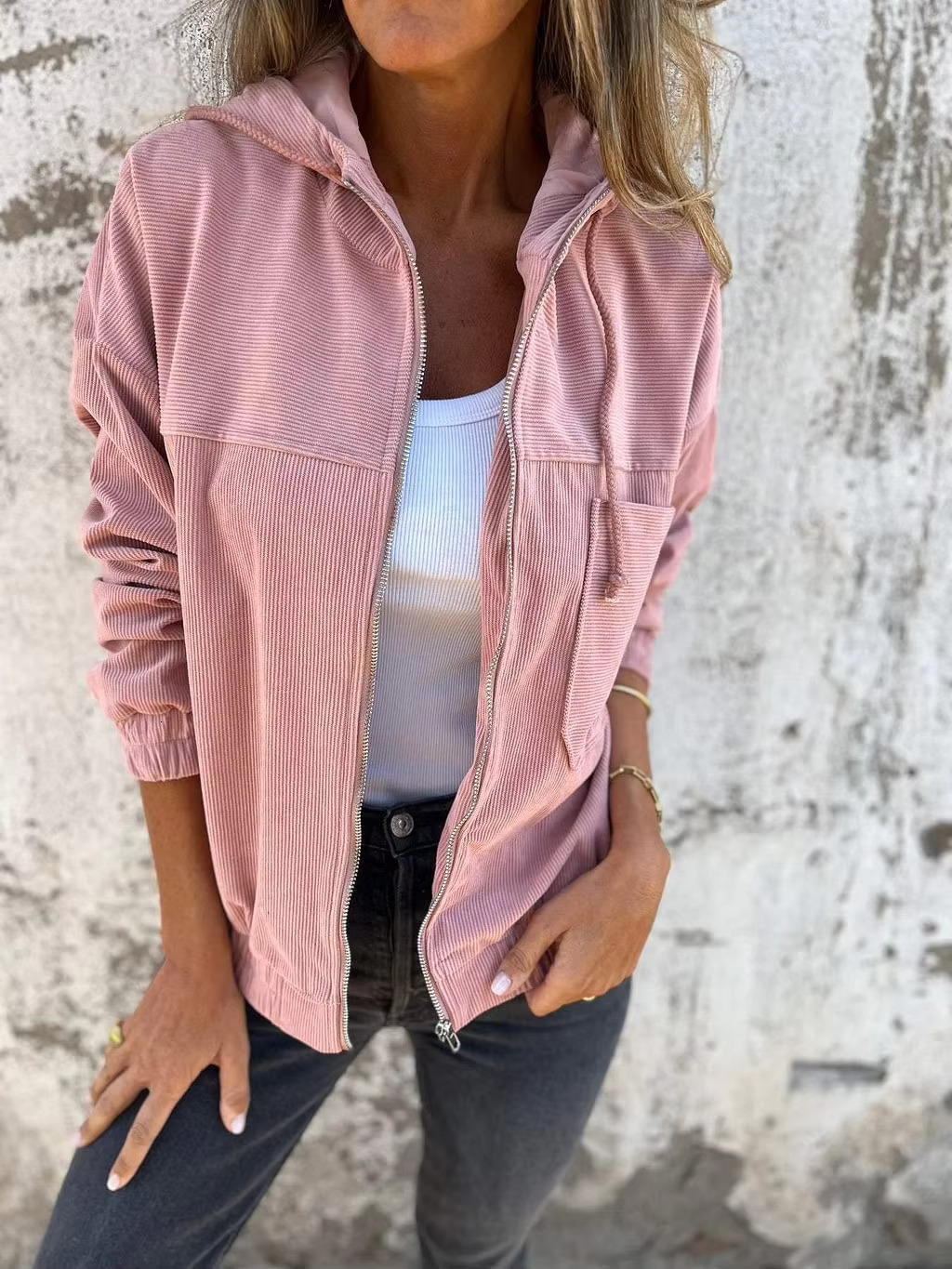 Autumn New Solid Color Jacket Coat Women's Simple Style Corduroy Hooded Coats Women Fashion Pocket Long Sleeve Casual Jackets