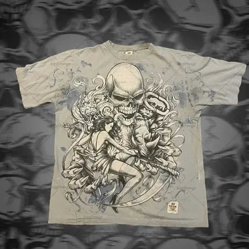 Y2K American retro Harajuku yellow printed T-shirt mens new street gothic loose clown short sleeved summer T-shirt W250117