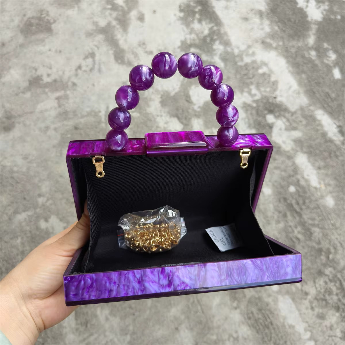 Pearl Marble Dark Purple Acrylic PVC Evening Bags Women Gorgeous Handmade Purses And Handbags Wedding Party Beach Flap