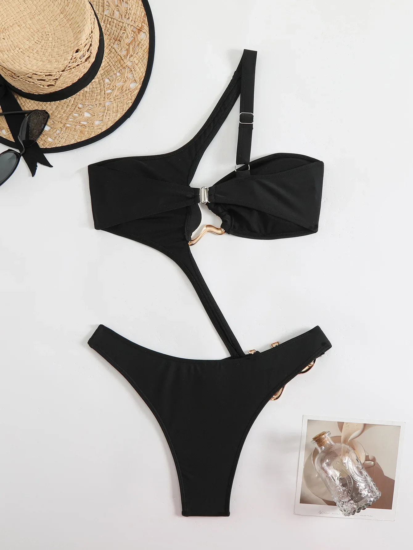 Sexy Black Hollow Out Bikini 2025 Women One Shoulder Metal er Backless Thong One Piece Swimsuit Summer Bathing Suits 250118