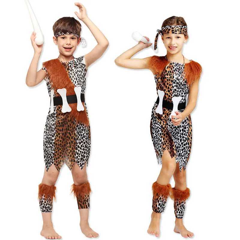 Kids Child Historical Stone Age Caveboy Cavegirl Costume Cave Boys Girls Primitive Cosplay Halloween Cosplay Costumes W250117
