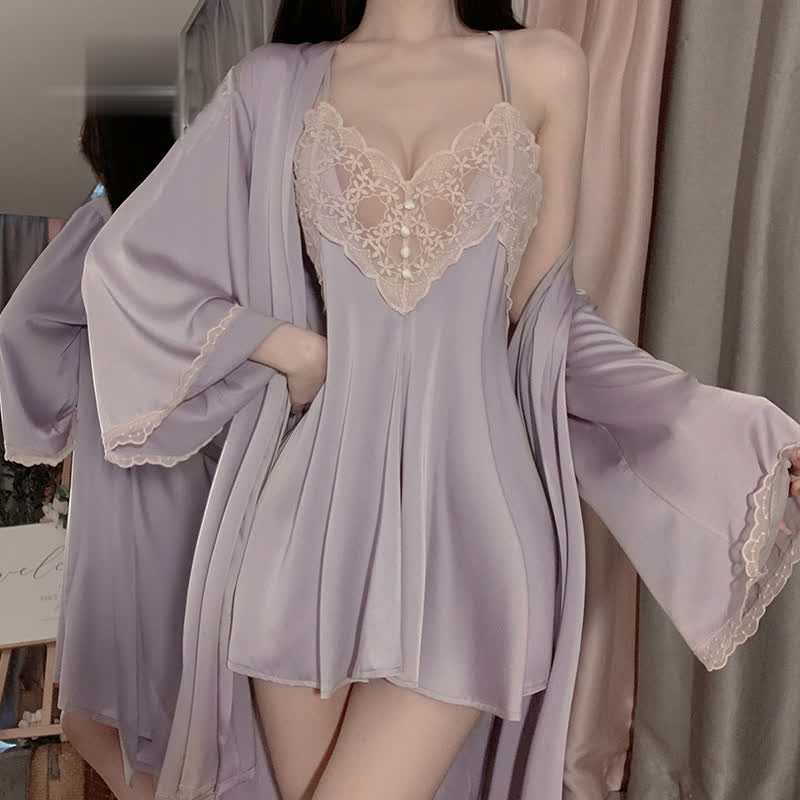 New hot-selling European and American style sexy loose pajamas backless pajamas solid color comfortable suspender skirt lace-up cardigan robe home set
