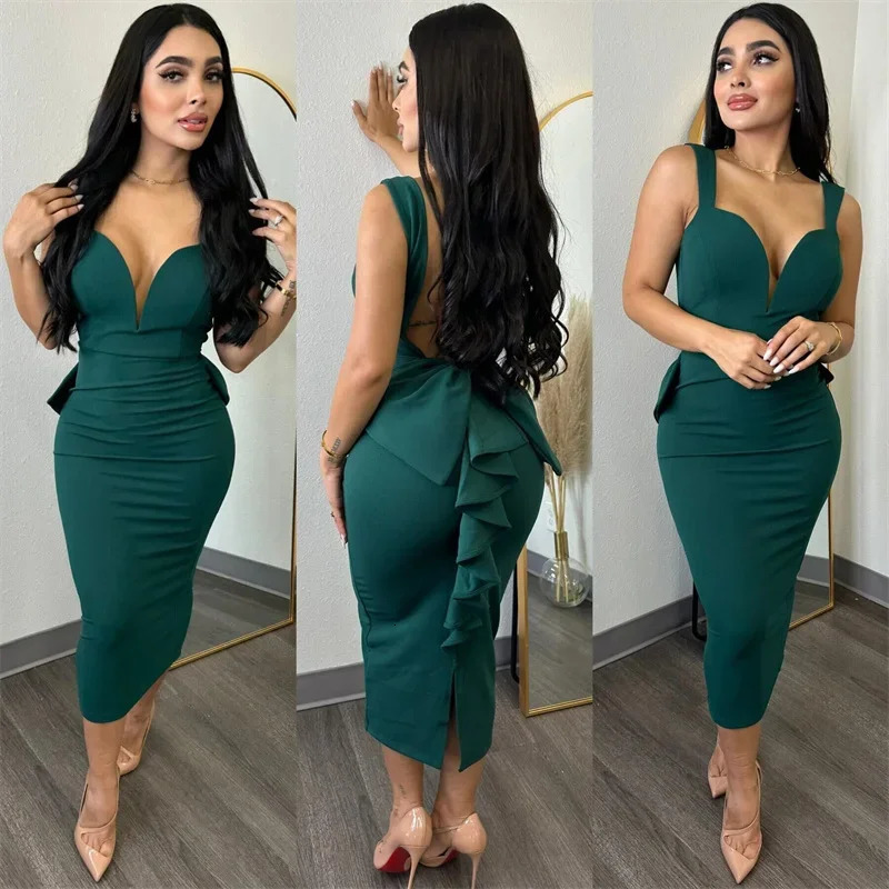 Sexy Plunging V-neck Backless Bowknot Ruffles Bodycon Midi Dresses for Women Party Night Elegant Club Celebrity Prom Dress Robes 250206