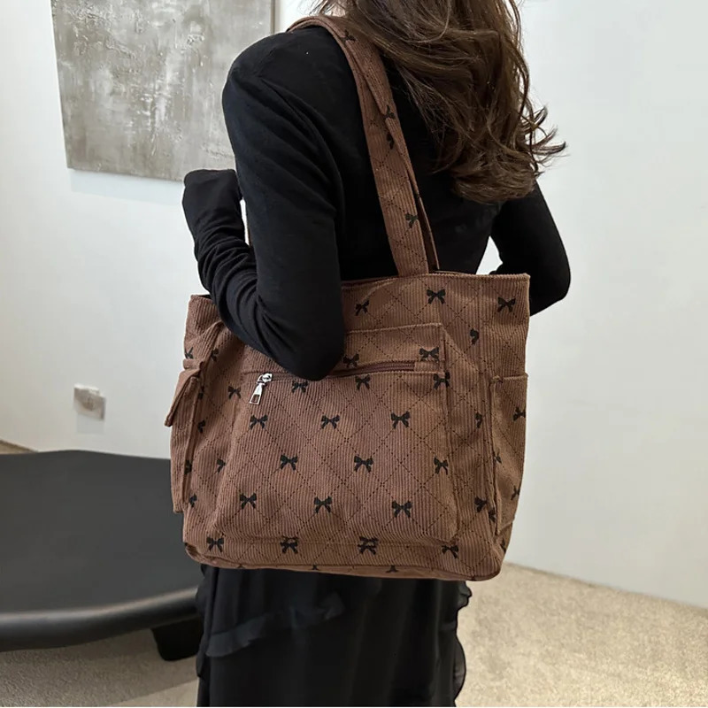 Large Capacity Corduroy Casual Tote Bags For Ladies Casual Bow Pattern Commuting Handbags Womens For Shopping 250122