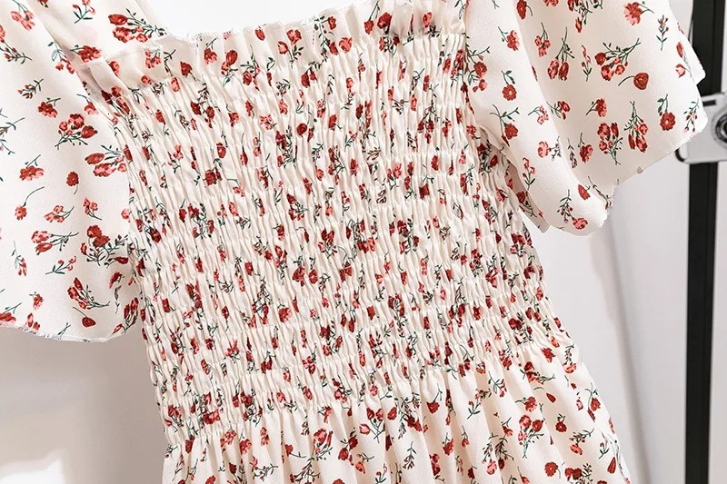 Spring Summer Chiffon Dres Midi DressesFemale Short Sleeve Elastic Waist Printed Floral Pleated Backless Casual Dress 250121