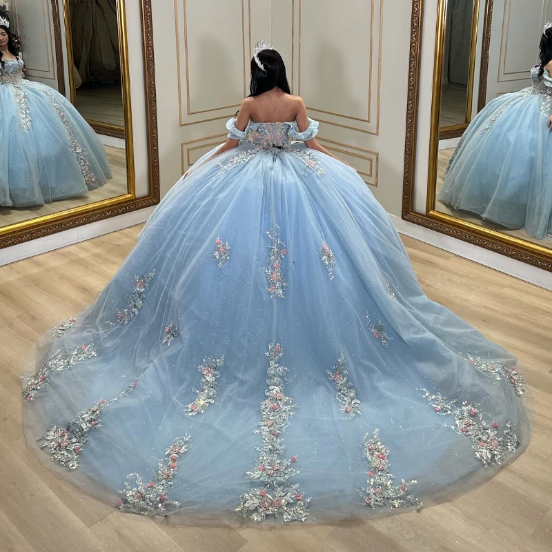 Sky Blue Shiny Quinceanera Dresses Ball Gown Off The Shoulder Applique Lace Beading Tull Party Birthday Sweet 16 Dres vestidos de 15 anos