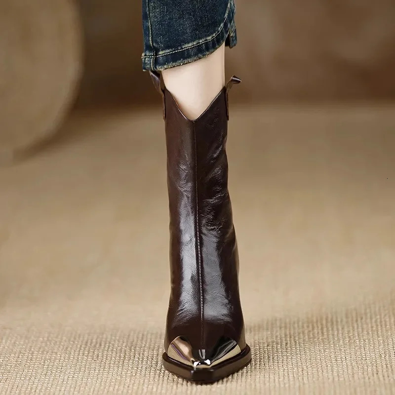 Metal Square Toe Ankle Boots for Women Fashion Patent Leather Womens Shoes Botas Mujer High Heels Zapatos 250117