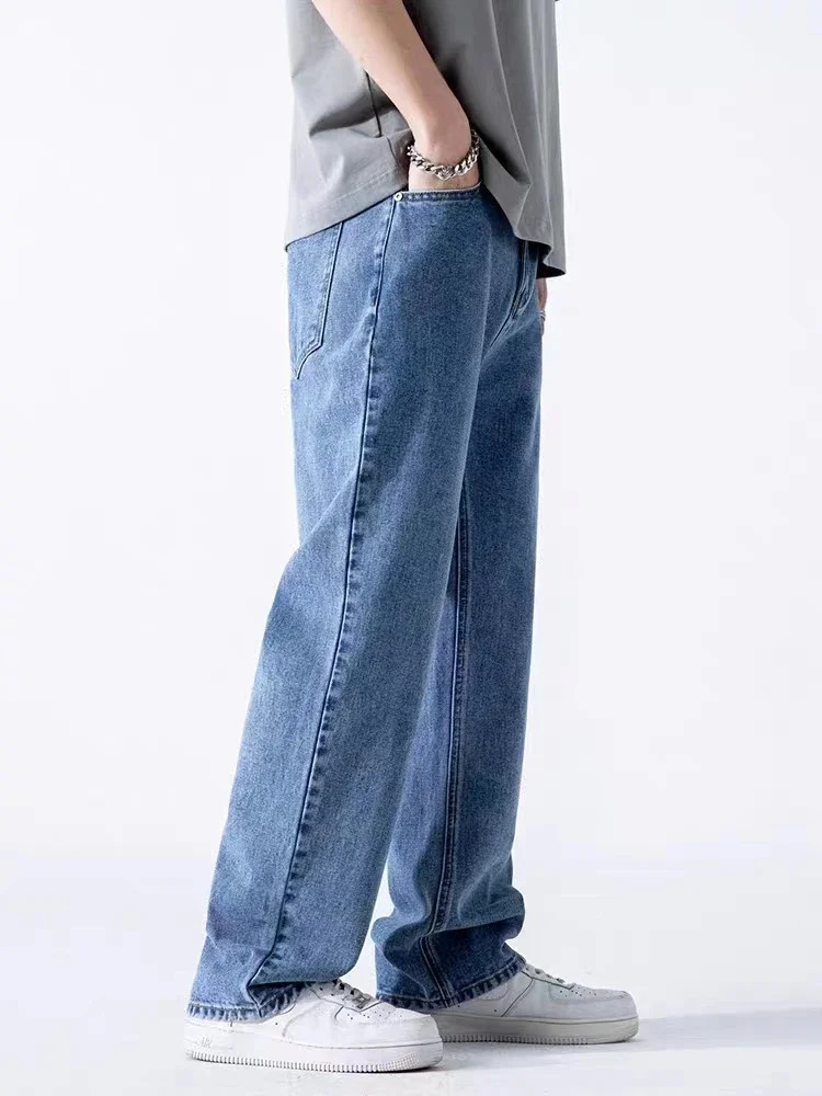 Spring Summer Mens Jeans Straight Denim Pants Elastic Waist Cotton Streetwear Male Wide Baggy Casual Blue Trousers 250121