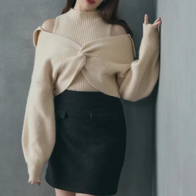 Simple Turtleneck Knit Vest + Lantern Sleeve Sweater Elegant Casual Jumpers Knitwear 2024 Autumn Winter Japanese Two Piece Sets