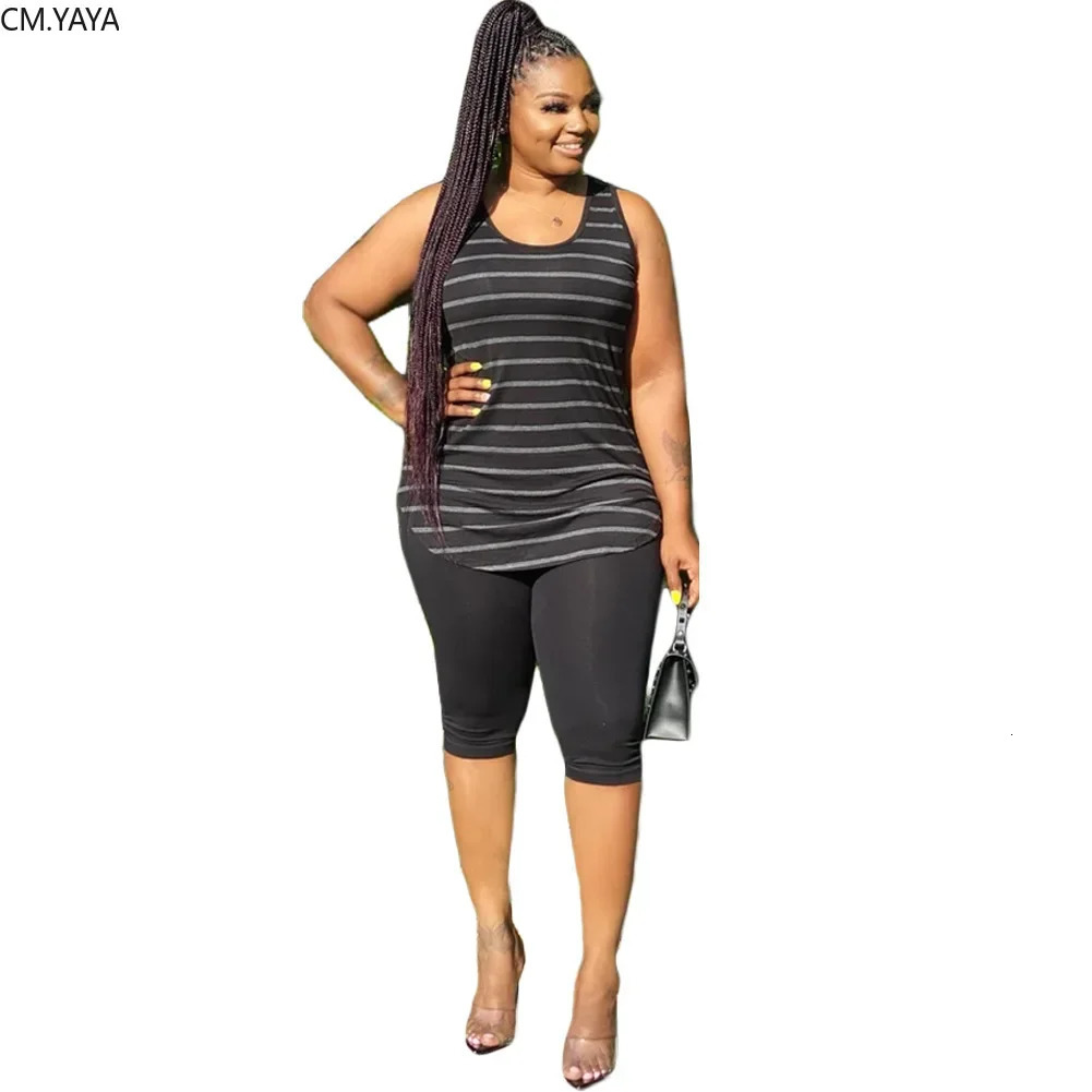CMYAYA Women Plus Size XL5XL Sport two piece set Tracksuit Striped Tank Tops Knee Length jogger Suit Sweatpants Matching Set 250122