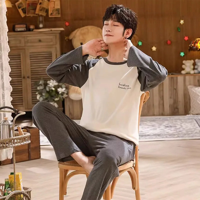 Cotton Pajamas Men Long-Sleeved Teenagers Large Size Nightwear Homewear Round Neck Cartoon Dinosaurs Sleepwear Loungewear 250108