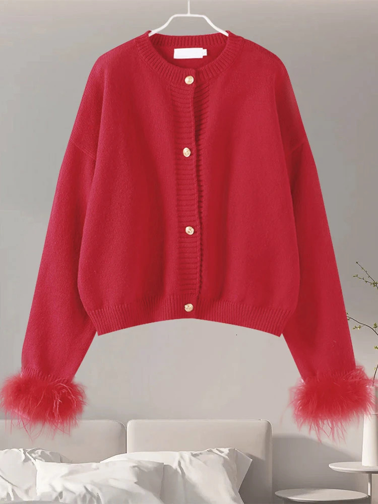 Feather Sweaters Women Knitted Cardigan Fashion Single Breasted Loose O-neck Coat Long Sleeve Party Casual Club Chic Outerwear 250116