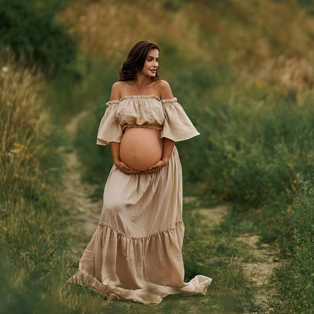 Women Boho Dress Comfortable Linen Cotton Maternity Clothing Vintage Short Sleeve Dress For Pregnancy Po Shoot 250116