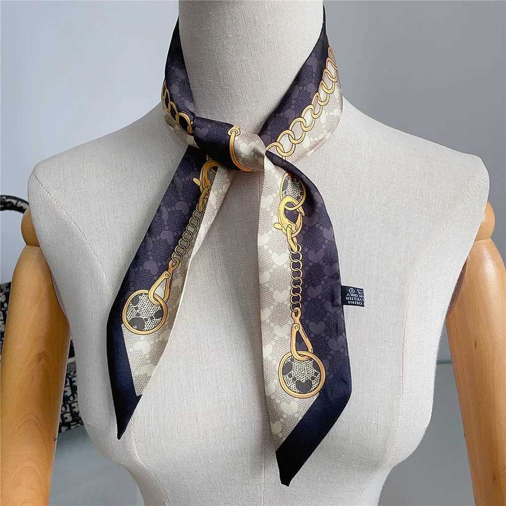 2024 New Luxury Polyester Silk Scarf Chain Printing Womens All Seasons Decorative Thin Scarf Headband 90*5cm W250118