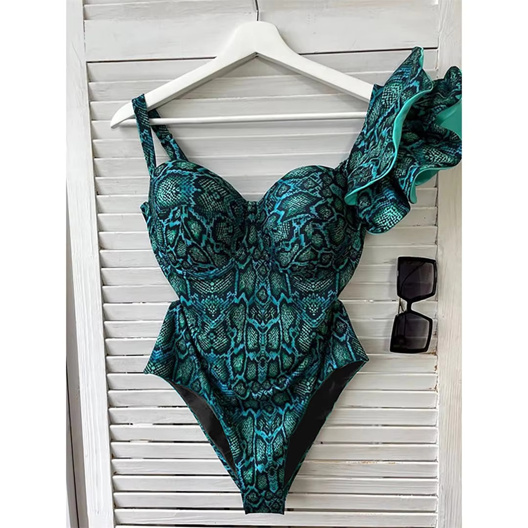 2024 One Piece Swimsuit With Belt Women Swimwear Ruffle Push Up Monokini Print Bathing Suits Swim Suit Wear Beachwear