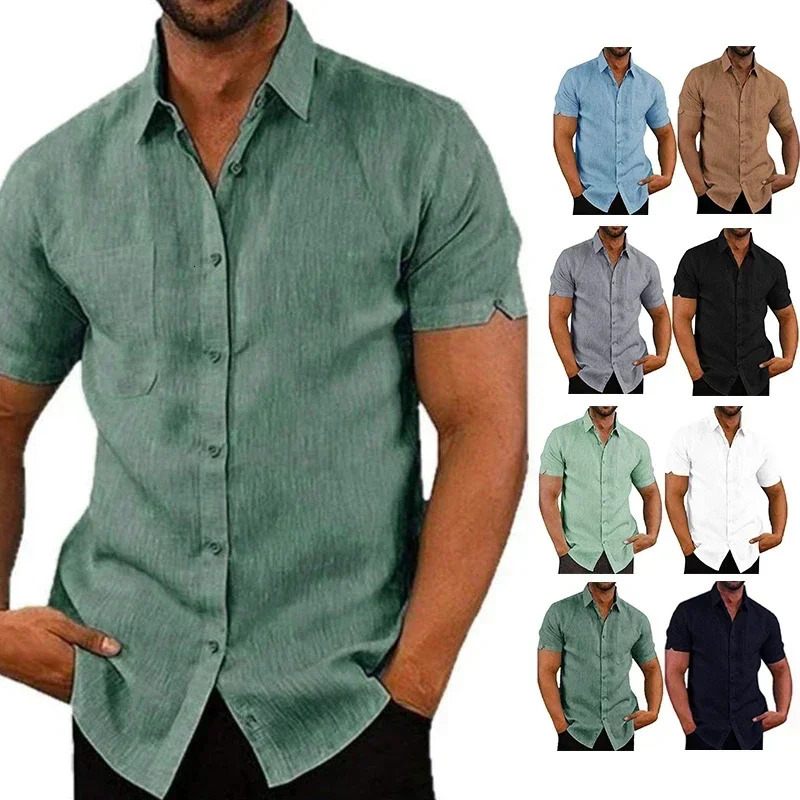Summer Cotton Linen Shirts for Men Casual Short Sleeved Blouses Solid TurnDown Collar Formal Beach Male Clothing 250122