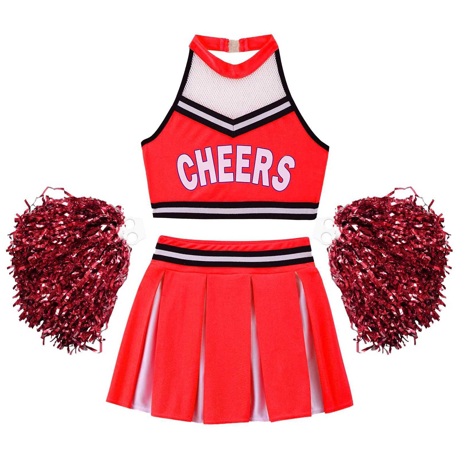 Childrens girls cheerleading costume dance costume cutting top+pleated skiing flower ball cheerleading uniform setW250121