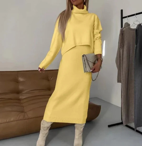 Two-Piece Sets Womens Warm Turtleneck Knitted Elegant Long Sleeve Sweater Pullover Wrap Hip Knit Buttocks Midi Dress Outfits 250122
