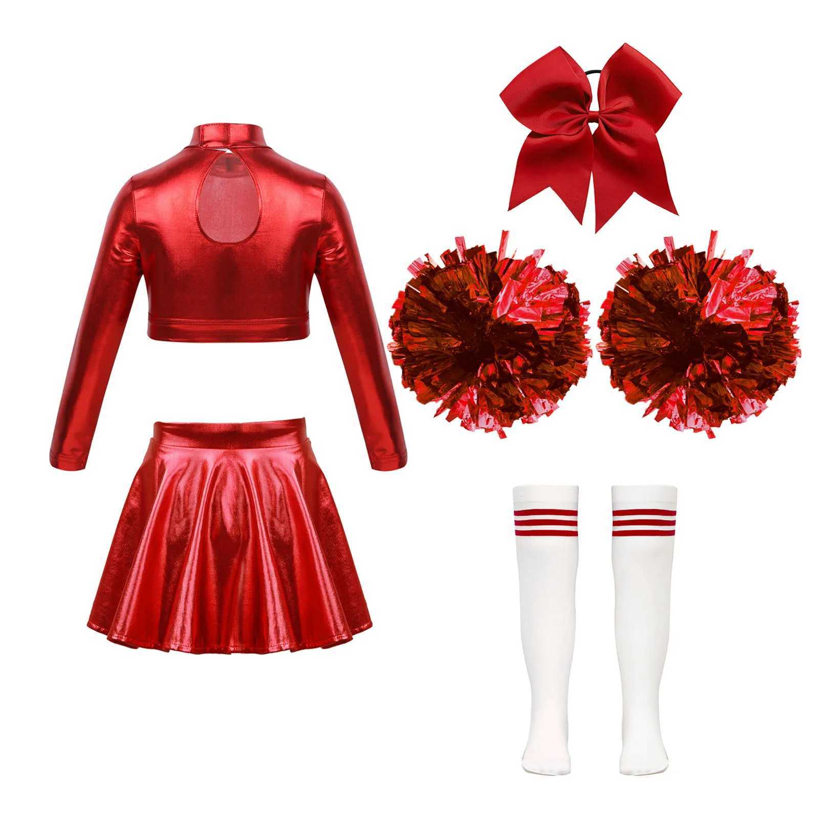 Girls Cheerleading Dance Outfit Long Sleeves Mock Neck Crop Top with A-Line Skirt Headwear Hand Flowers Socks Set for StageW250121