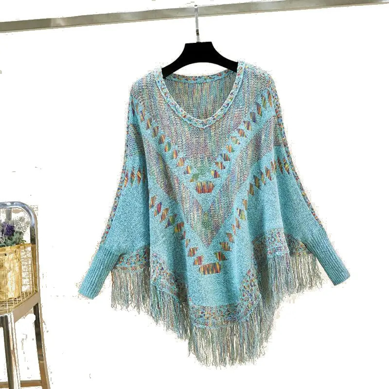 Women Vintage Patchwork Tassel Tricot Pullover Poncho Female Batwing Sleeve Oversize Knit Shawl ponchos and Capes sweaters 250121