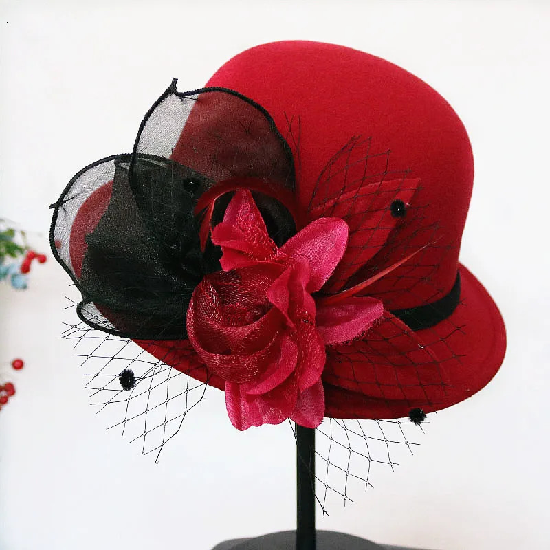 Autumn Winter Wool Women Elegant Church Hat Ball Ribbon Solid Color Ladies Jazz Cap Female Bow Bowler Wedding Ceremony 250118