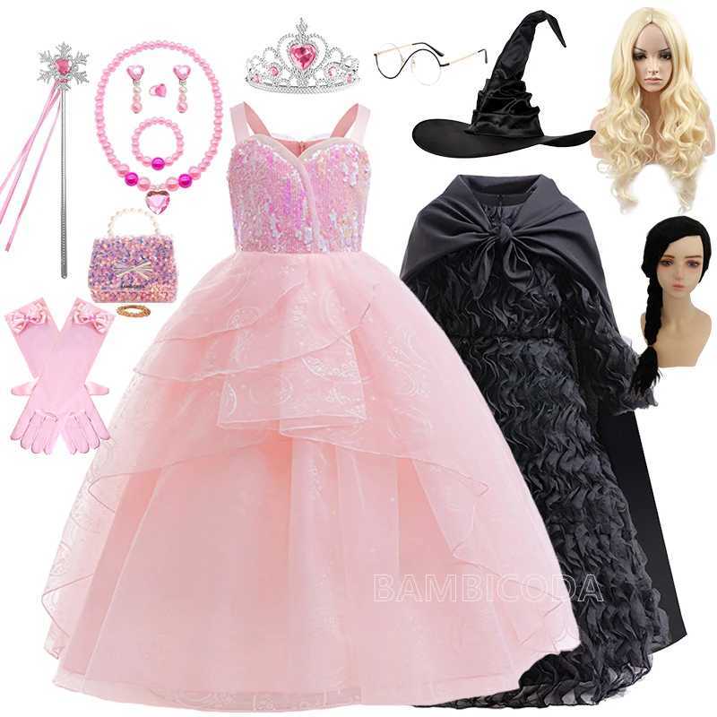 Wicked Children Elphaba Costume Black Witch Dress Long Hooded Cloak Girls Glinda Dress Up Birthday Party Halloween Carnival Set W250117