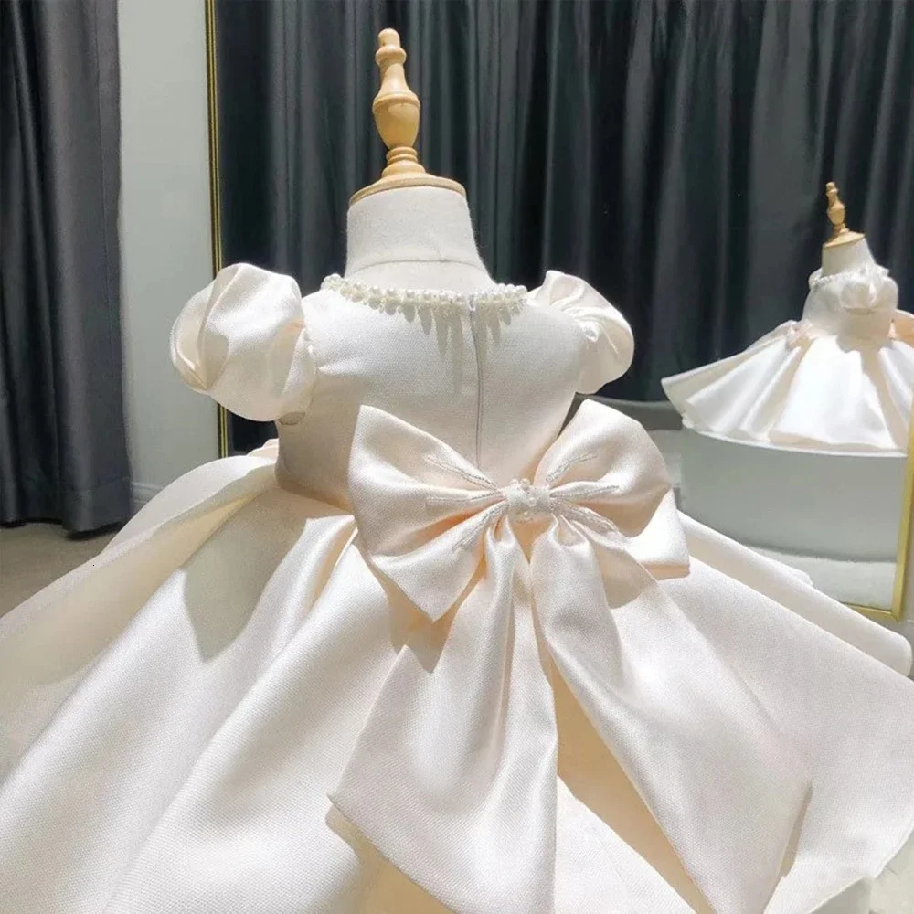 Champagne Satin Girl Party Dress Beading Kids Elegant Dresses For Girls Princess Clothes Birthday Gown Baby Vestidos 1-8Y 250120