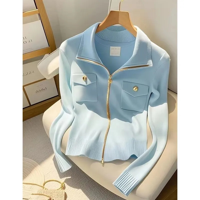 2025 Spring Autumn Polo Collar Zipper Womens Knitting Cardigan Sweater Jacket Personality Elegant Casual Ladies Sweater Coat 250116