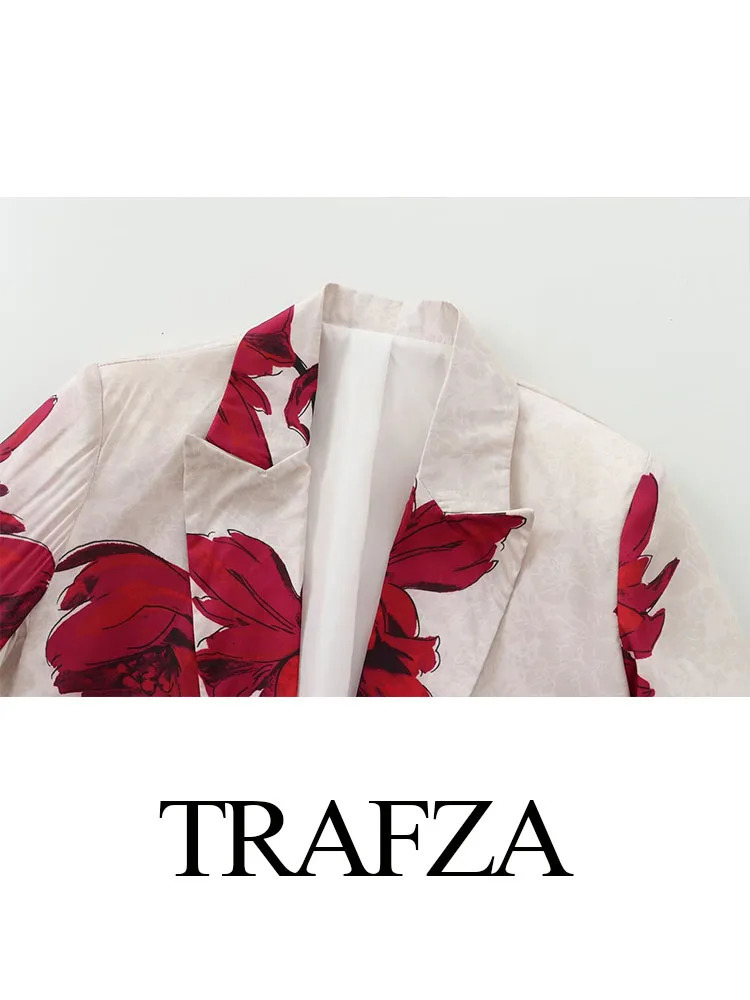 TRAFZA Womens 2piece Elegant Printed Collar Long Sleeve Pocket Decorative Jacket TopUltra Thin Loose Side Zipper Wide Leg Pants 250122