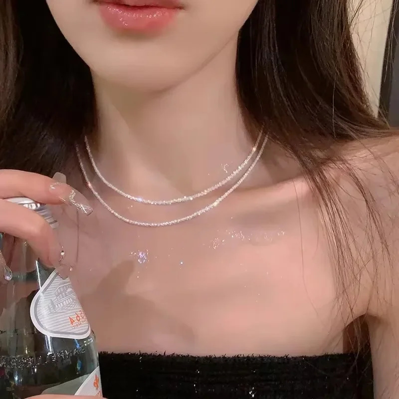 Shiny Silver Colour Womens Neck Chains Elegant Necklace Sparkling Clavicle Chain Choker Simple Wedding Jewelry Collar Gifts 250114
