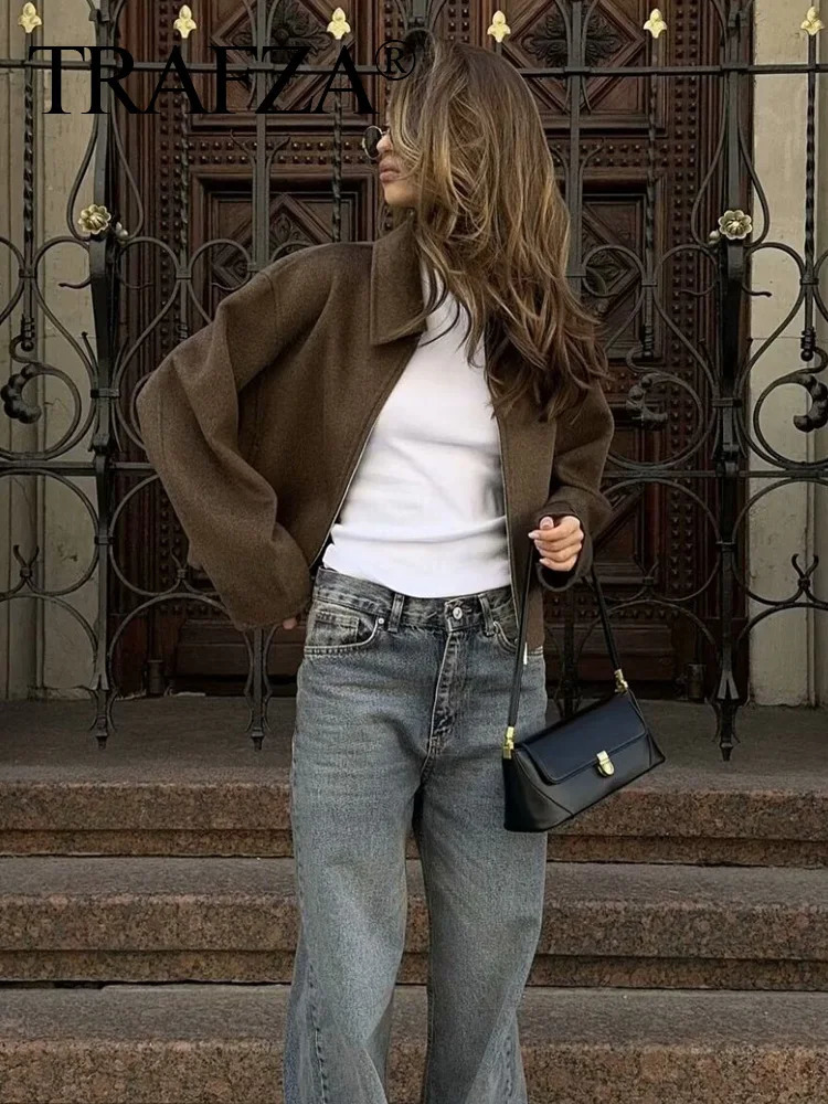 TRAFZA Womens Solid Colour Zip Tweed Jacket Fashion Female Loose Lapel Warm Street Jackets Simple Top Coat 250122