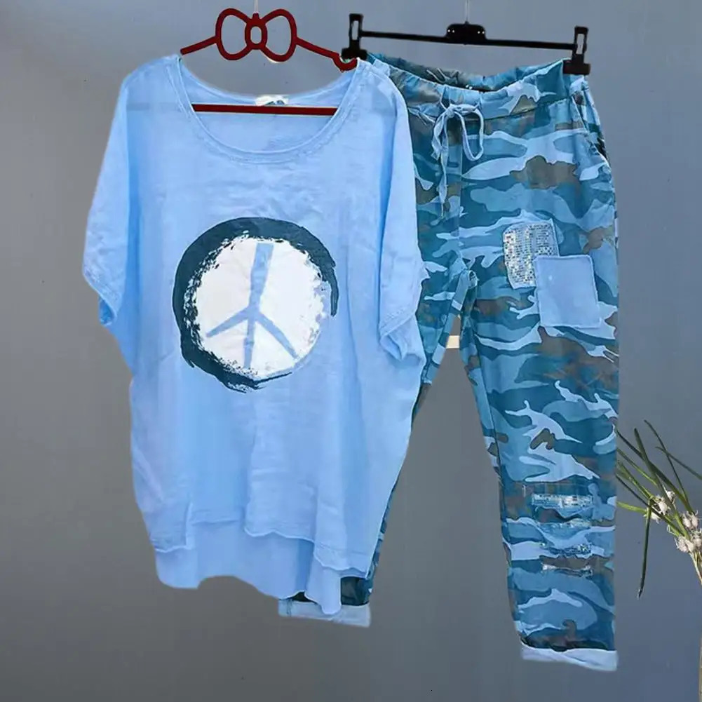 1 Set Tshirt Pants ONeck Two Piece Asymmetrical Laceup 250113