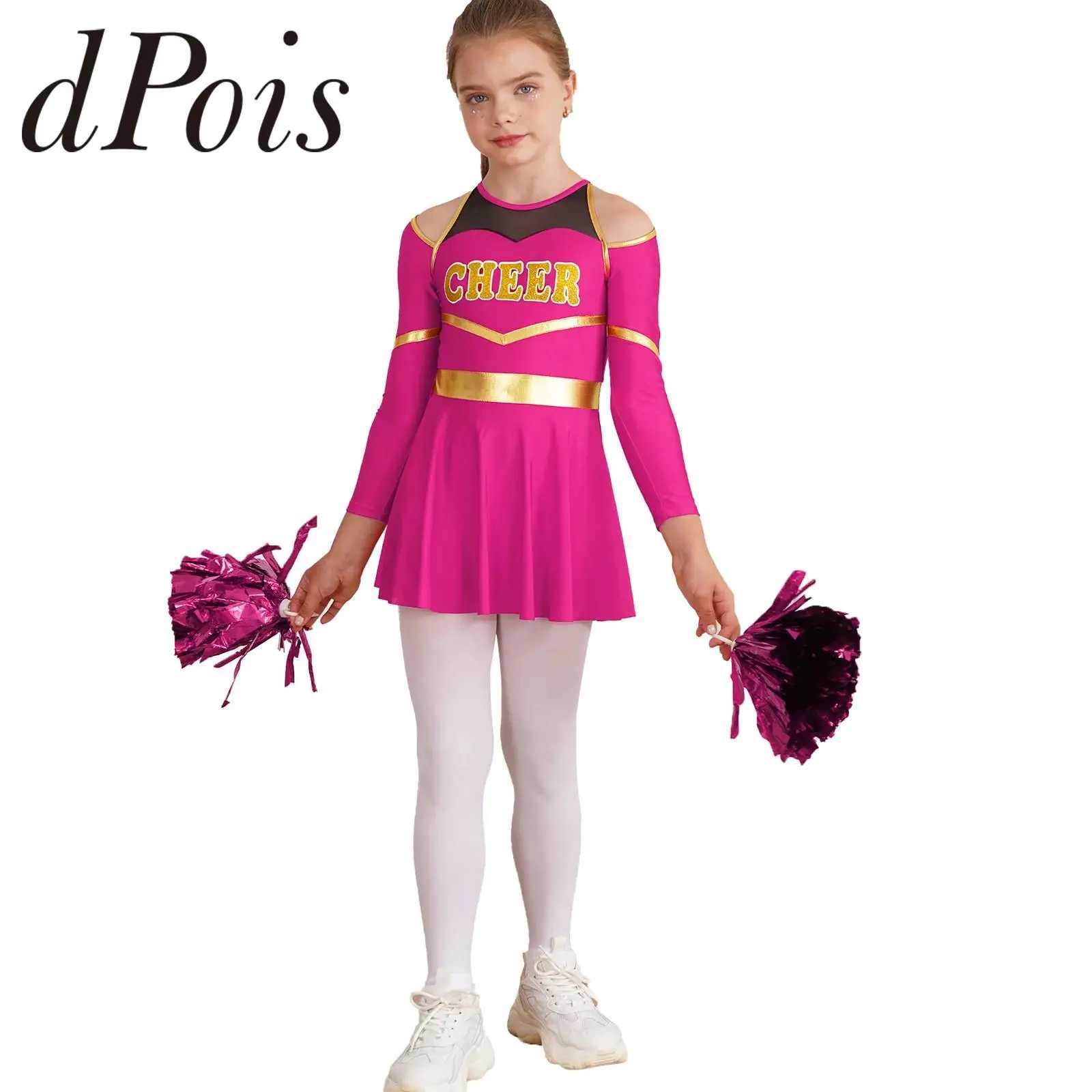 Kids Cheer Dance Outfits School Girls Cheerleading Uniforms Children Long Sleeve Leotard Dress with Hand Flowers for CosplayW250121