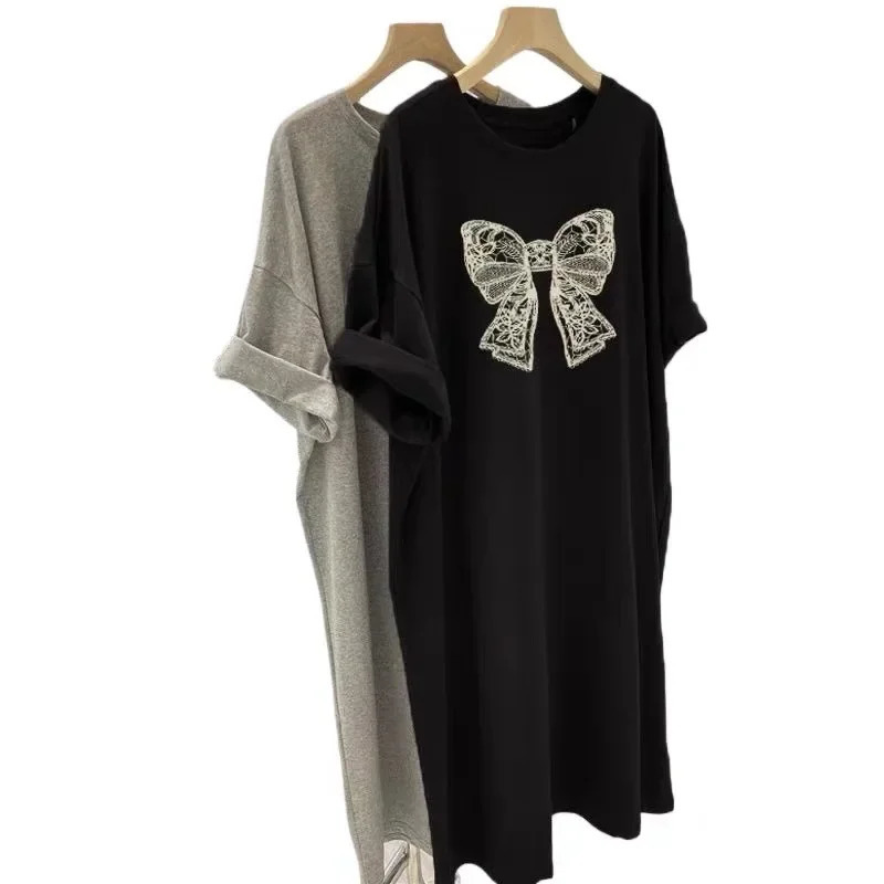 Womens summer thin cotton milk silk dress with lazy print bow medium length loose fit suitable for weight loss dress black 250110
